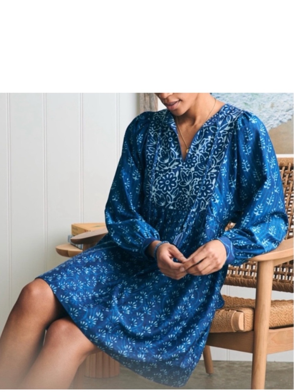 Faherty Solstice Long Sleeve Cotton & Silk Minidress Size Medium Blue New NWT